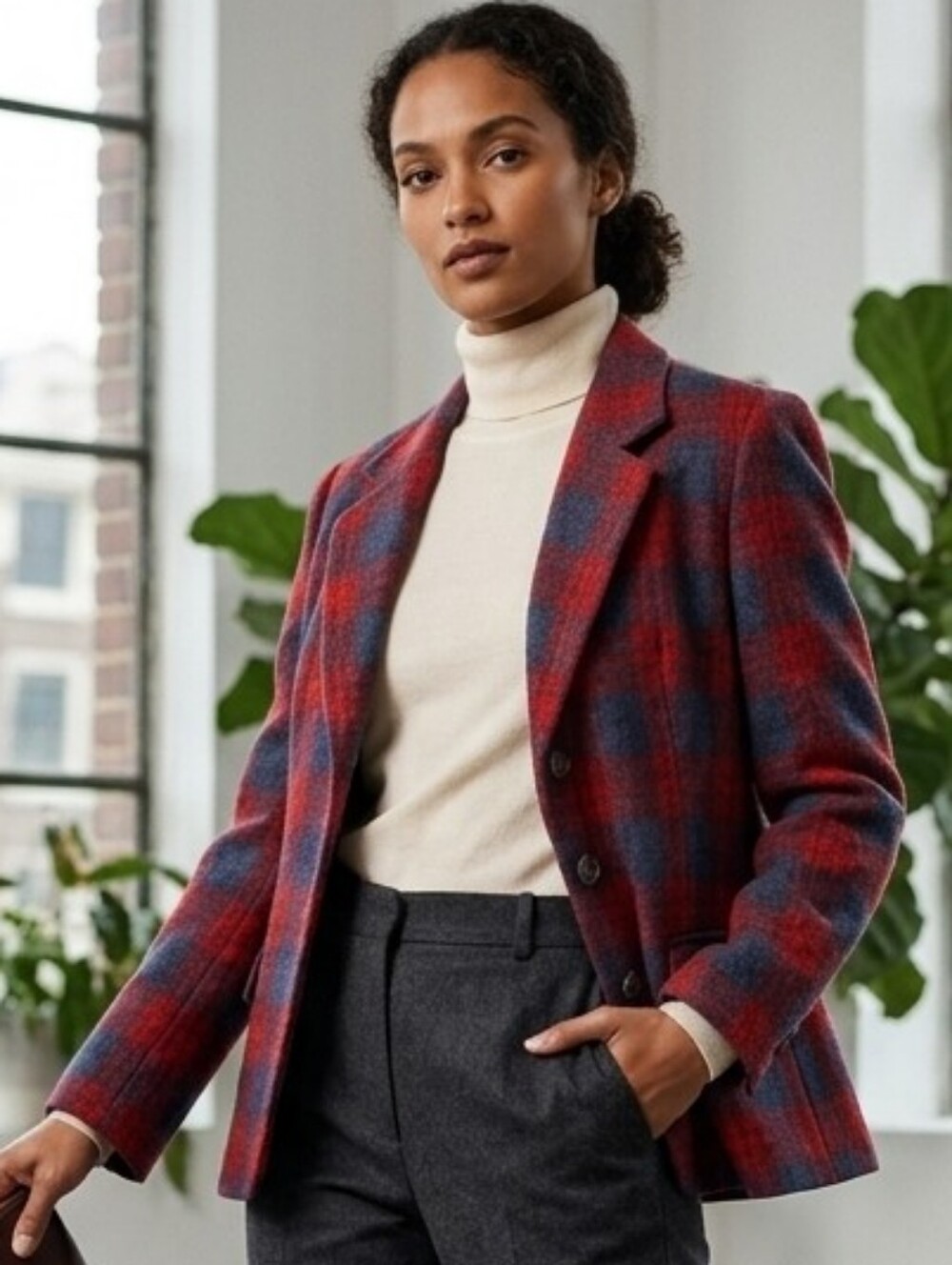 VINTAGE GAP Women's Plaid Wool Blazer in Red and Gray Small